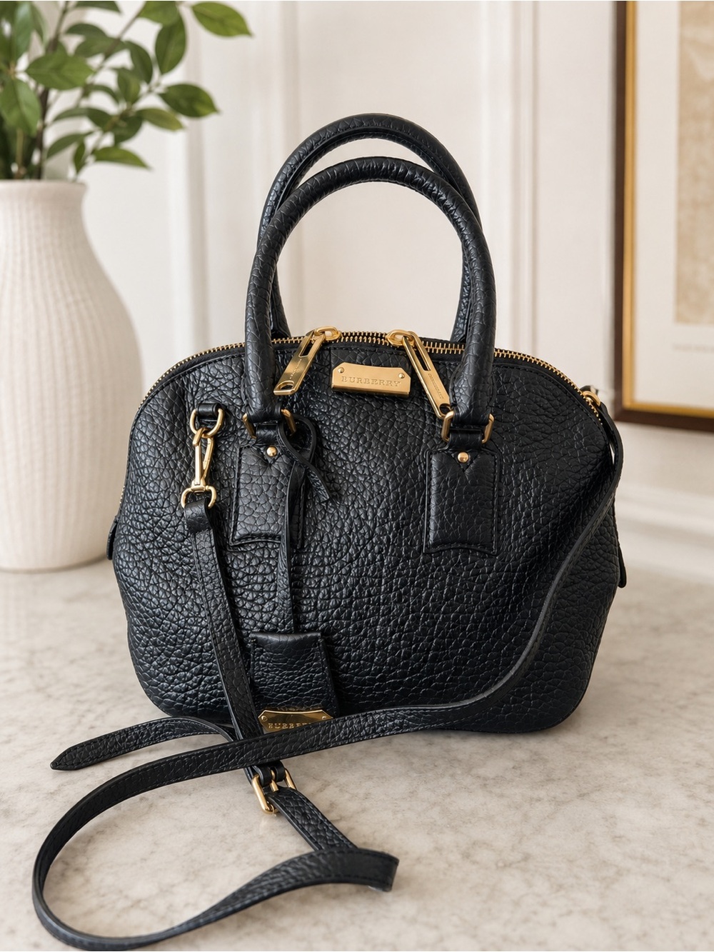 Burberry Black Pebbled Leather Dome Satchel Crossbody Bag Gold Hardware